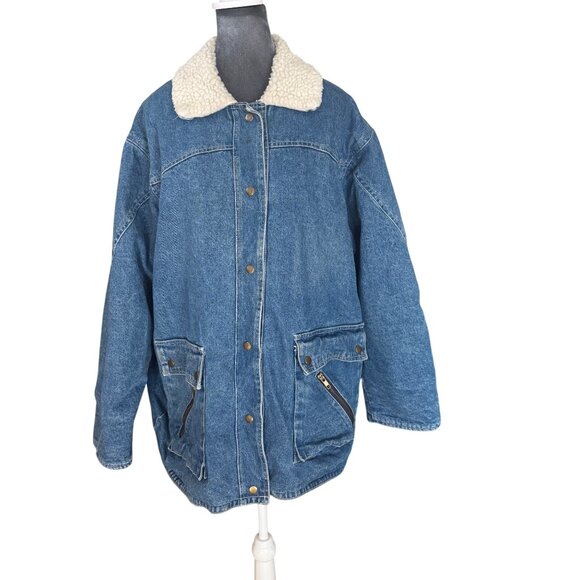 Dani Colby Vintage Blue Denim Jacket With Sherpa Collar Snap Buttons & Plaid Lin - Picture 1 of 8